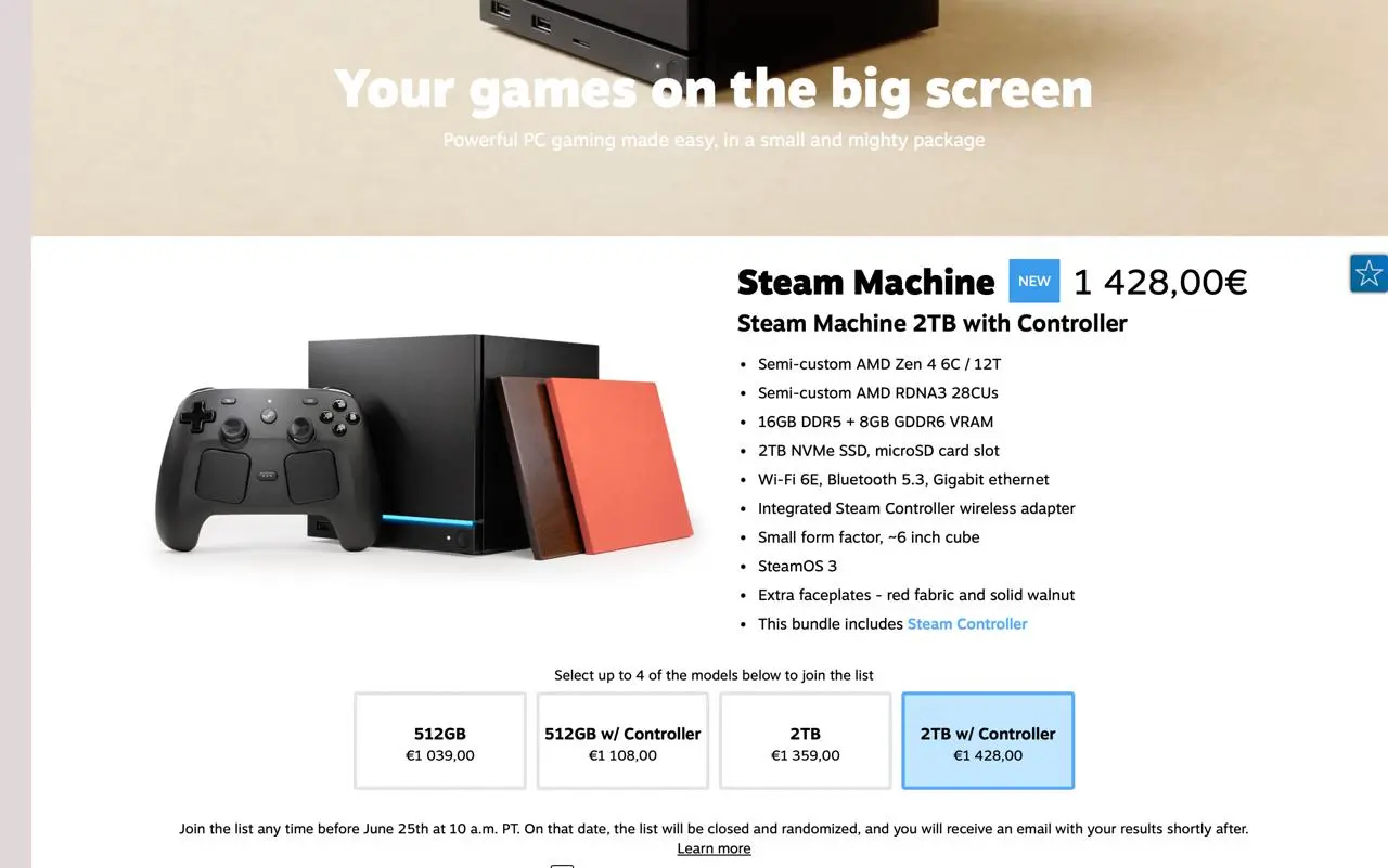 Steam Machine вышла!
1.5 евро за макс комплектацию, к слову...
https://store.steampowered.com/hardware/steammachine | Сетка — социальная сеть от hh.ru