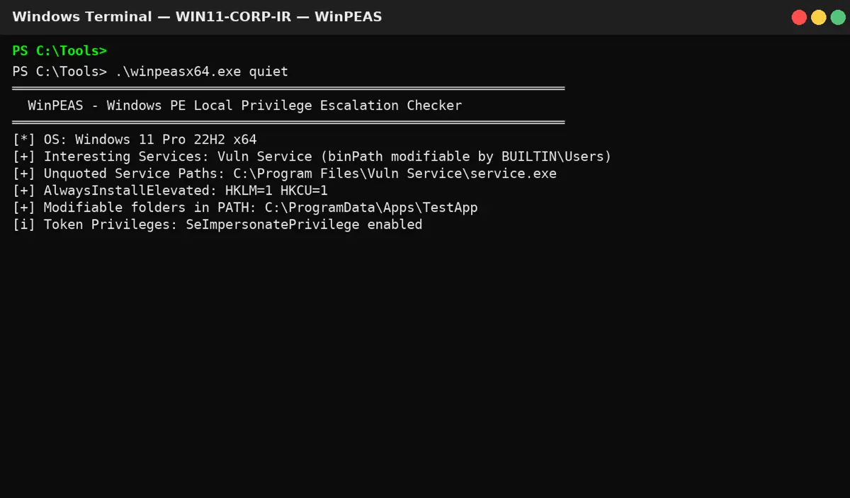 Кратко:
WinPEAS — скрипт для автоматического поиска уязвимостей в Windows и путей повышения привилегий. Аналог LinPEAS для Windows | Сетка — социальная сеть от hh.ru