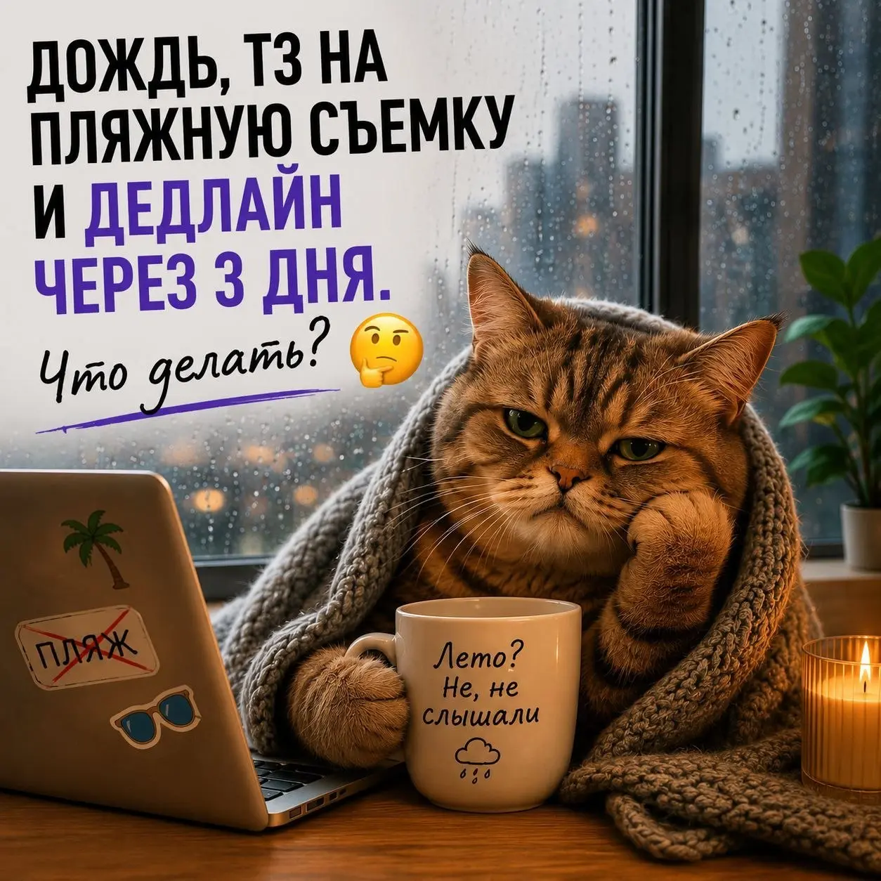 Ситуация из практики👇
Работаем сейчас с кампанией, где по ТЗ нужна съемка на море - пляж, солнце, лето в кадре. Но вот июнь, а погода в Москве и регионах просто кошмар | Сетка — социальная сеть от hh.ru