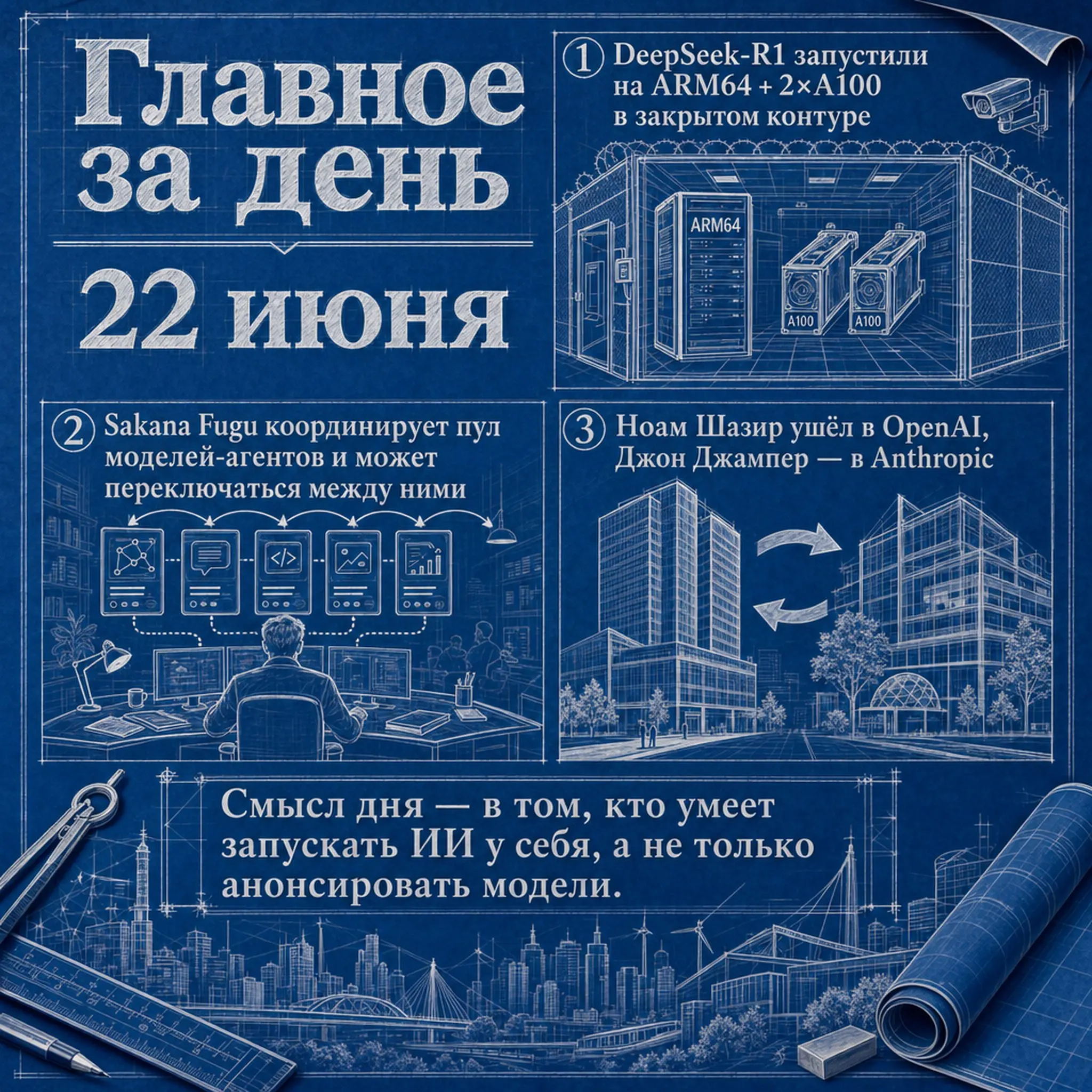 Главное за день: 22 июня: локальные LLM, оркестраторы и кадровые перестановки
В дайджесте: Е-Флопс запустила DeepSeek-R1 на отечественном ARM64-сервере с двумя NVIDIA A100; Появились слухи о Sonnet 5 ... | Сетка — социальная сеть от hh.ru