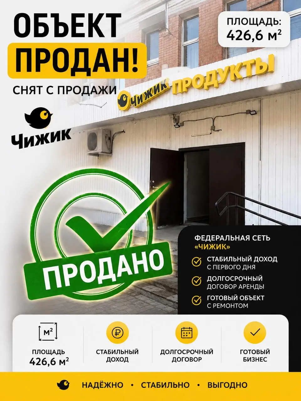 СНЯТ С ПРОДАЖИ ГОТОВЫЙ АРЕНДНЫЙ БИЗНЕС С ФЕДЕРАЛЬНОЙ СЕТЬЮ «ЧИЖИК»
Инвестиционный объект с действующим арендатором, долгосрочным договором и понятной экономикой | Сетка — социальная сеть от hh.ru