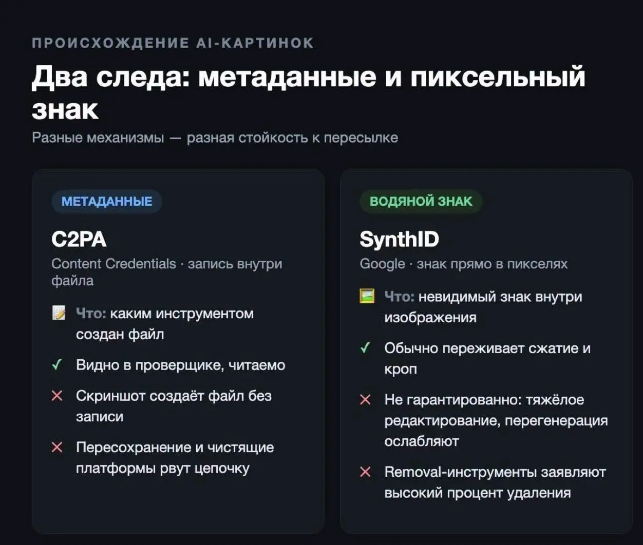 Сейчас существует два механизма для маркировки сгенерированных изображений.
Метаданные C2PA (Content Credentials) — это запись внутри файла, указывающая, каким инструментом он был создан | Сетка — социальная сеть от hh.ru