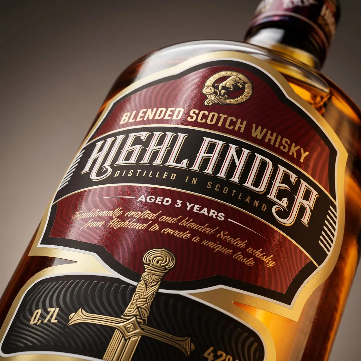 Этикетка виски "Highlander"
Задача: Обновить дизайн бренда и усилить восприятие продукта в категории шотландского виски, сделав его более современным, премиальным и конкурентоспособным на полке | Сетка — социальная сеть от hh.ru