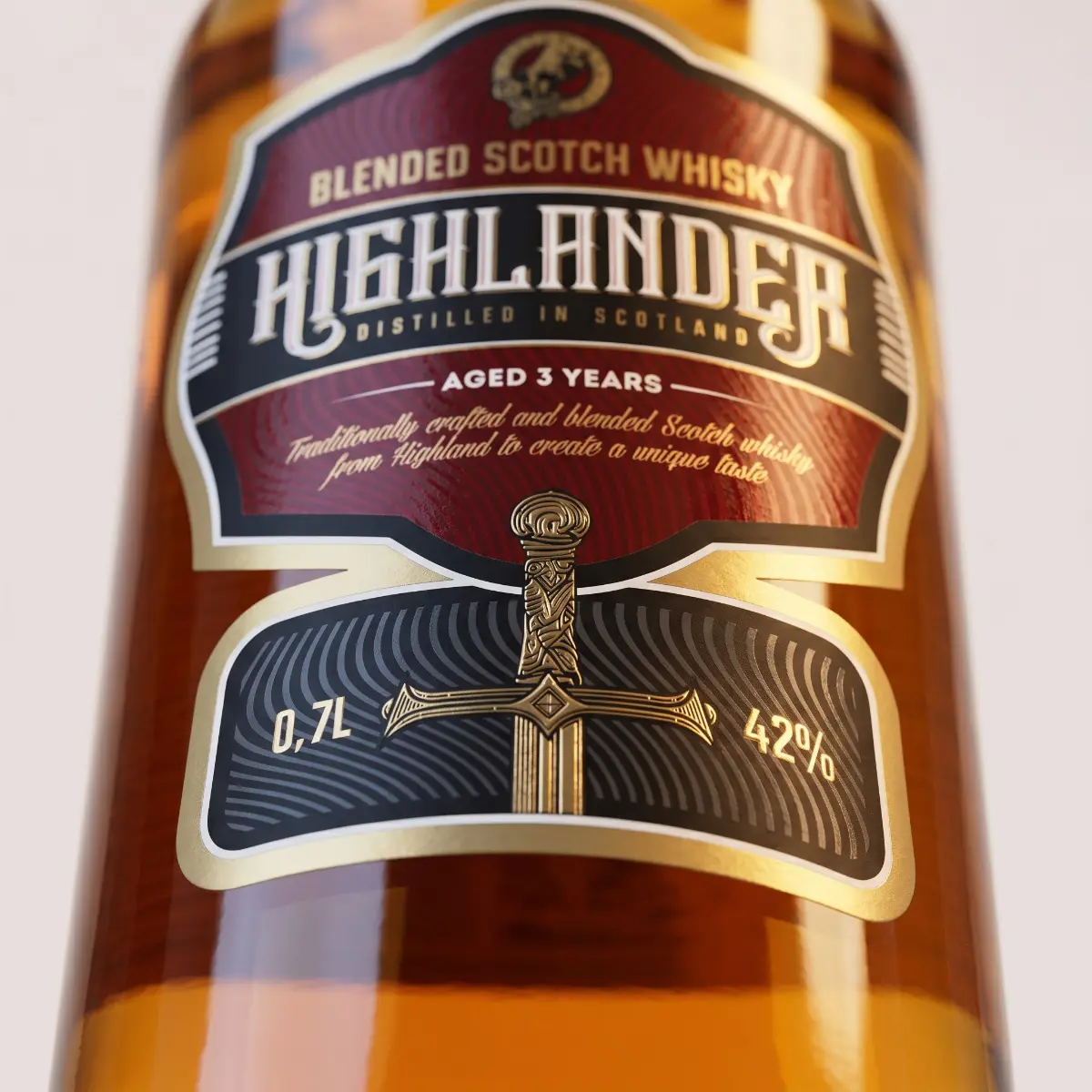 Этикетка виски "Highlander"
Задача: Обновить дизайн бренда и усилить восприятие продукта в категории шотландского виски, сделав его более современным, премиальным и конкурентоспособным на полке | Сетка — социальная сеть от hh.ru