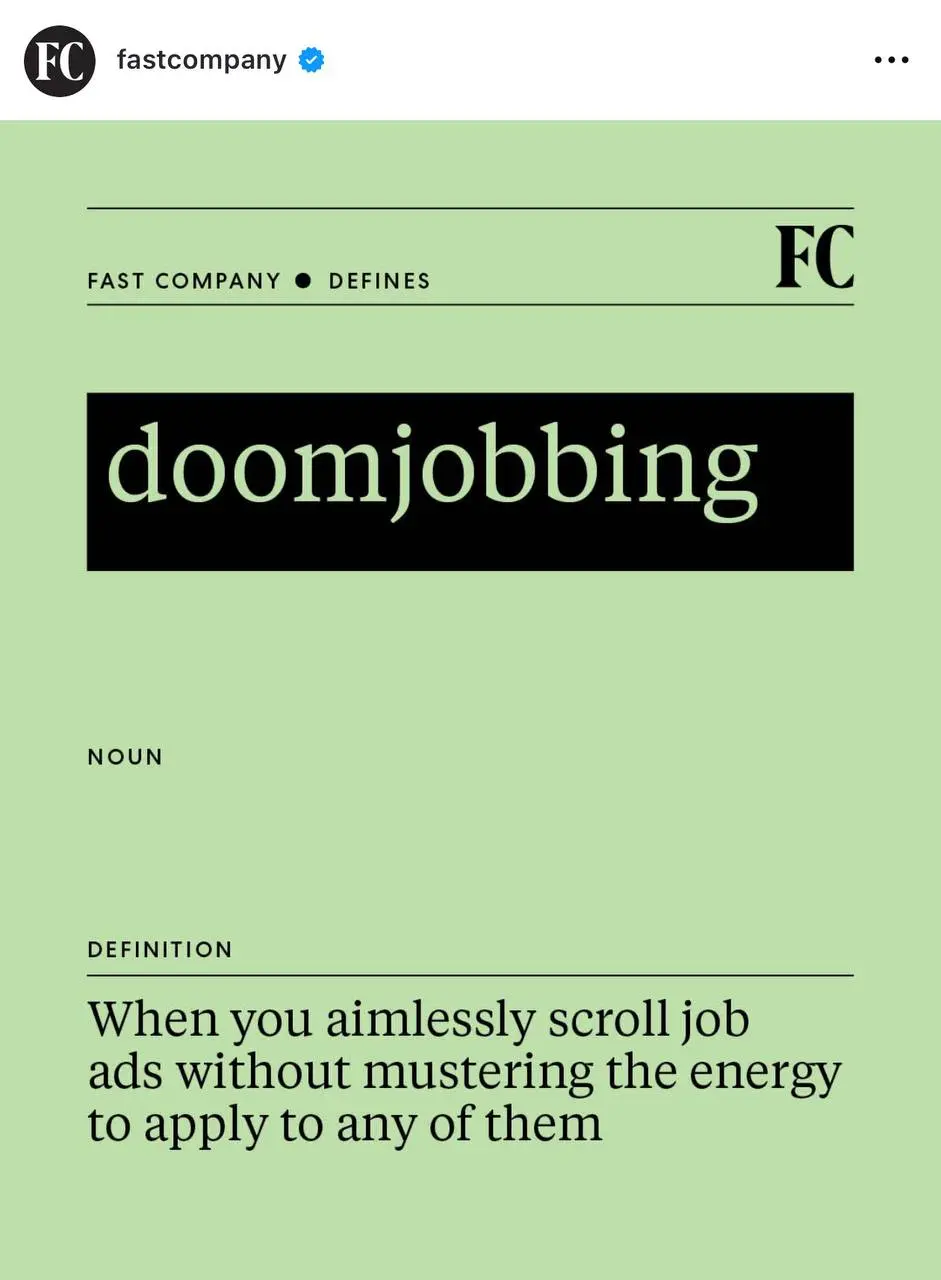 Новый термин дня — думджоббинг (doomjobbing). Это когда ты постоянно скроллишь сайты с вакансиями, изучаешь их описания, но ничего не отправляешь, потому что нет сил | Сетка — социальная сеть от hh.ru