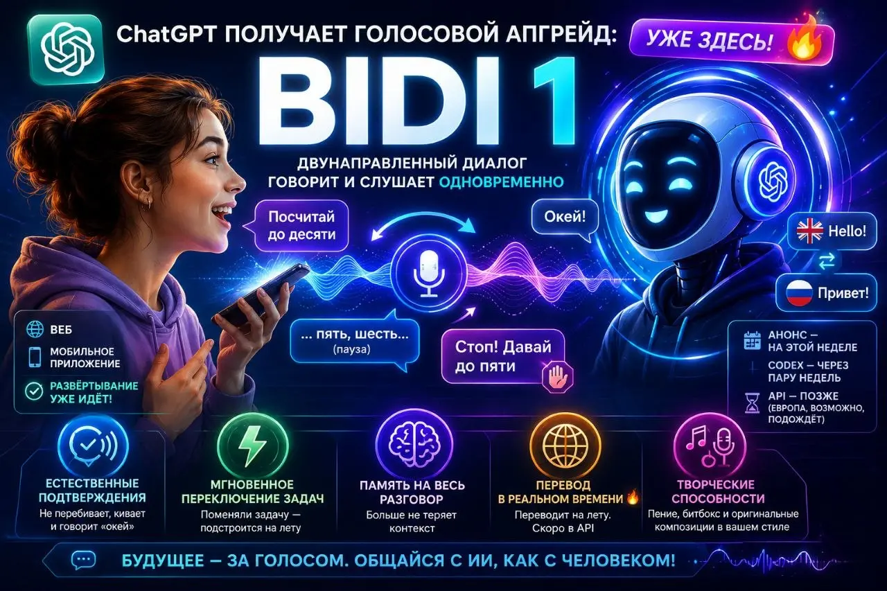 🔥 ChatGPT получает голосовой апгрейд: Bidi 1 уже здесь!
OpenAI готовит Bidi 1 — двунаправленную аудиомодель, которая умеет говорить и слушать одновременно | Сетка — социальная сеть от hh.ru