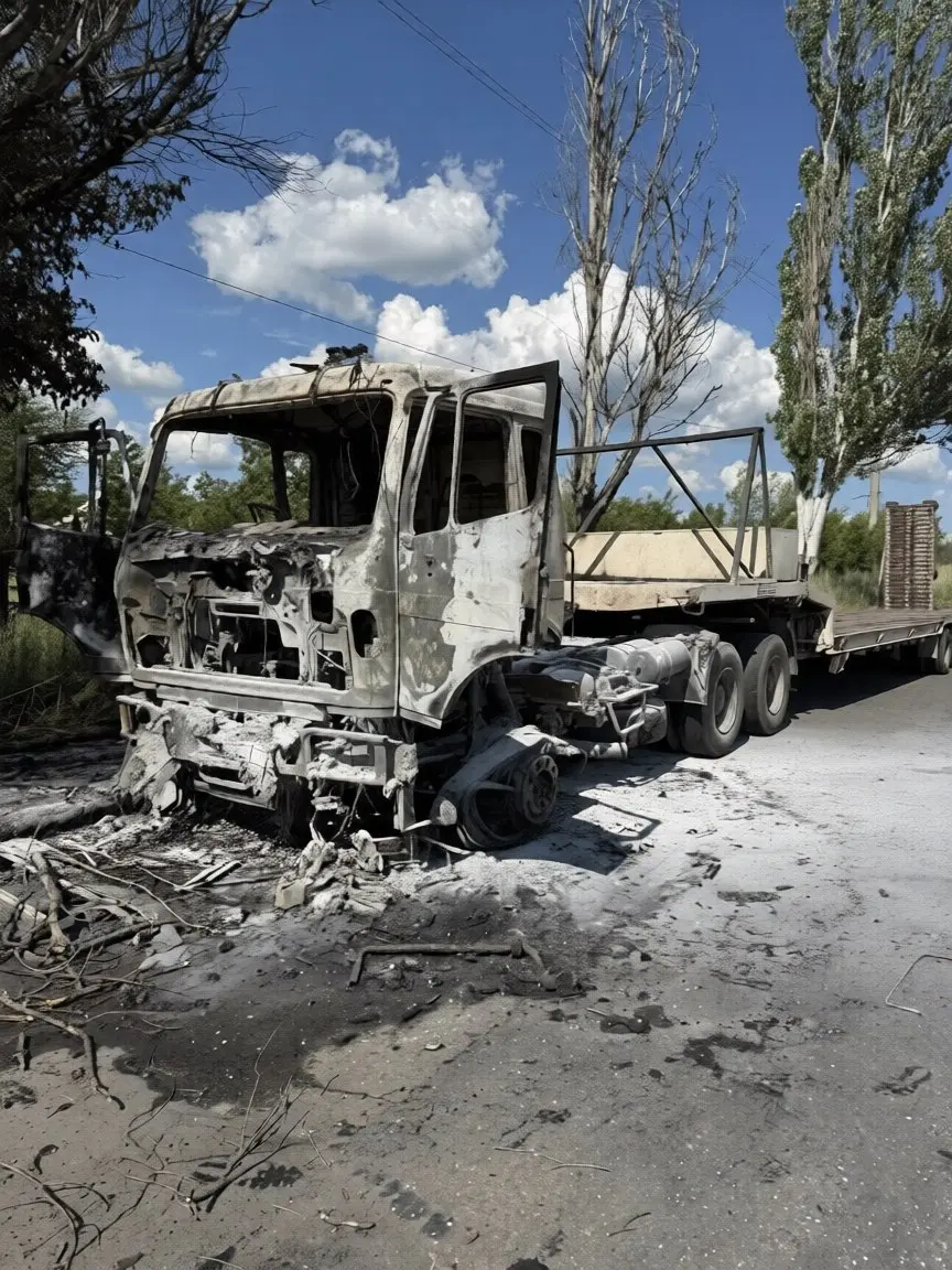Последствия вчерашней атаки БПЛА на грузовой автомобиль МП "Дорожное ремонтно‑строительное управление" в Петровском районе Донецка | Сетка — социальная сеть от hh.ru