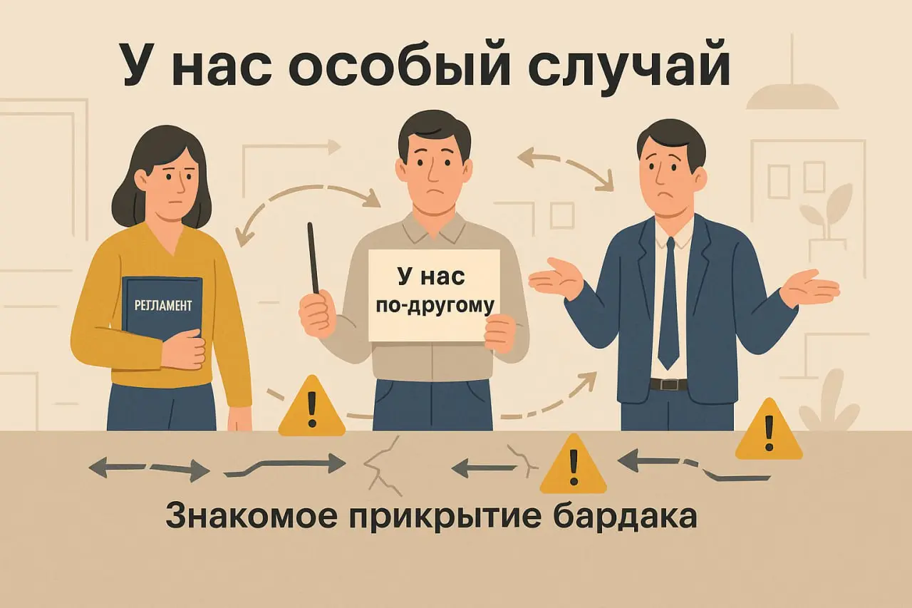 🌀 “У нас особый случай”: как саботаж маскируется под уникальность
Ты приходишь на проект.
Начинаешь выстраивать систему:
→ процессы, зоны ответственности, автоматизация | Сетка — социальная сеть от hh.ru
