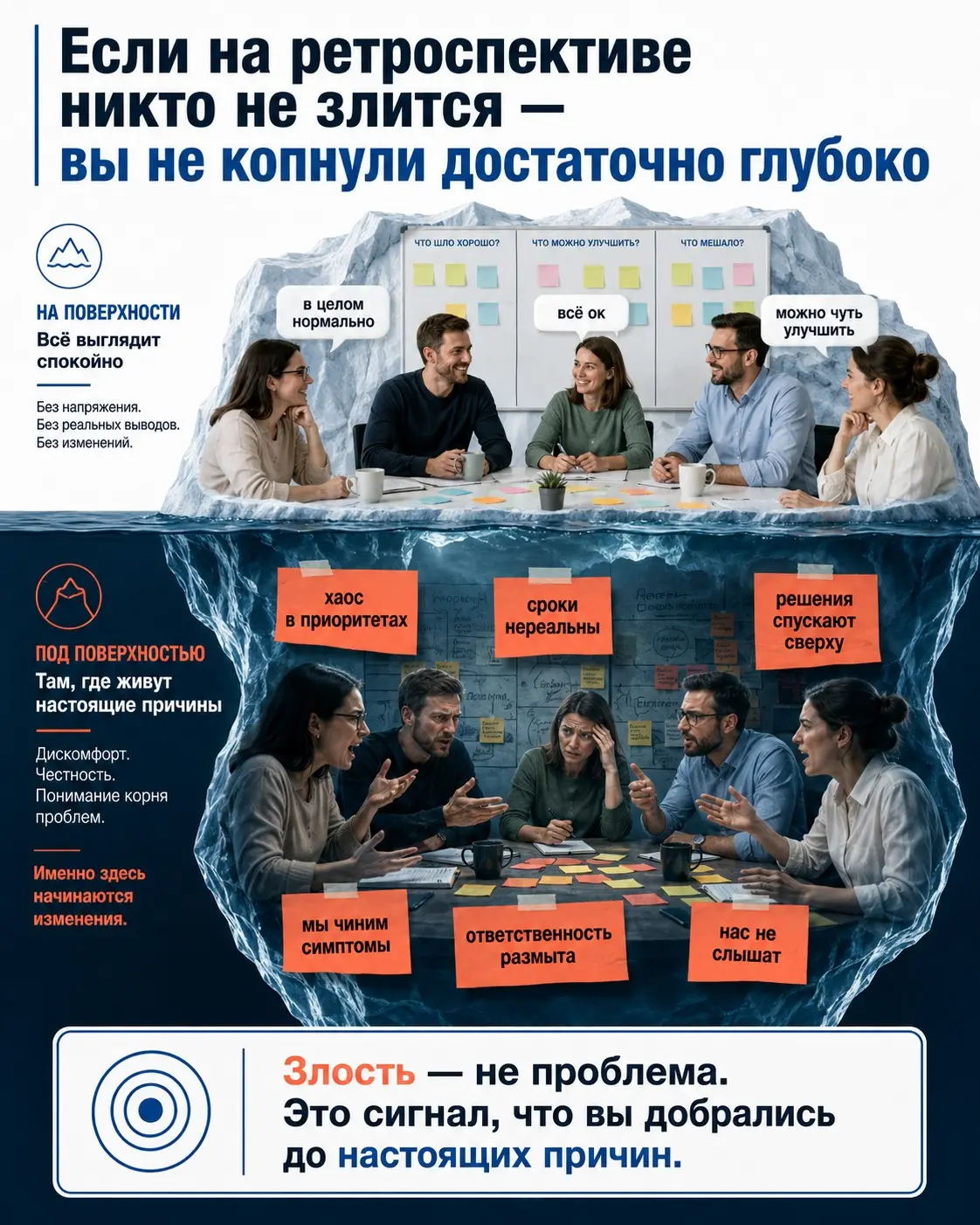 Если на ретроспективе никто не злится - вы не копнули достаточно глубоко.
В поиске работы каждый день публикую по одной мысли про управление проектами. Мысль 25 | Сетка — социальная сеть от hh.ru