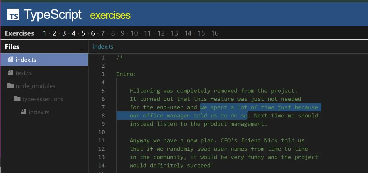 Повторяя TypeScript решил поделать задачки всякие.
Наткнулся на пару сайтиков, где можно потренироваться с ним. В одной из задач даётся небольшой текстовый контекст | Сетка — социальная сеть от hh.ru