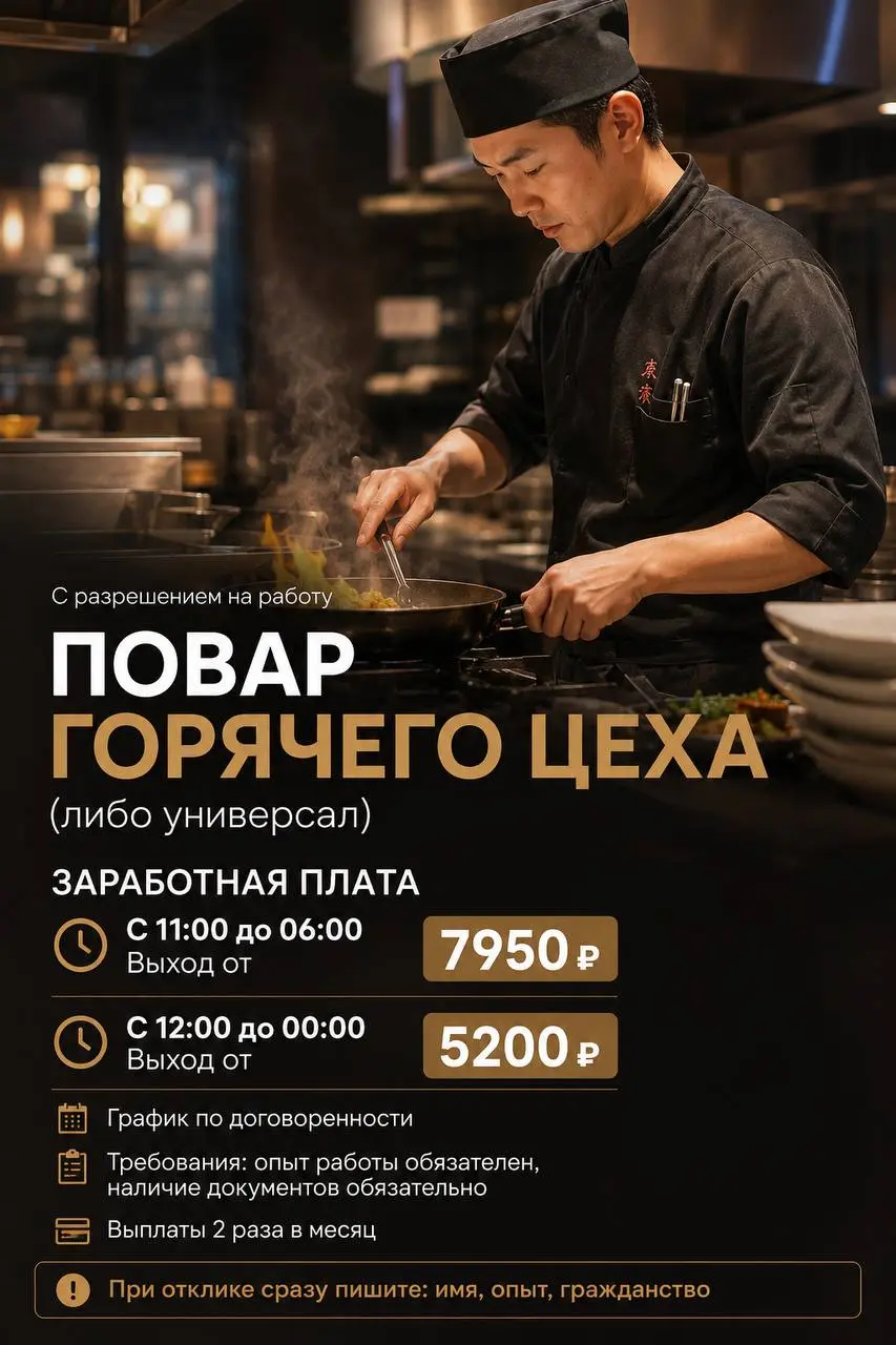 ПОВАР ГОРЯЧЕГО ЦЕХА / ПОВАР-УНИВЕРСАЛ
5 200₽/смена - 7 950₽/смена
ТАКЭ ДО
• Москва, м. Кутузовский проспект
• Рестораны/Кафе
• +7(965) 423-33-76
Полное описание вакансии размещено в Телеграм и Макс | Сетка — социальная сеть от hh.ru