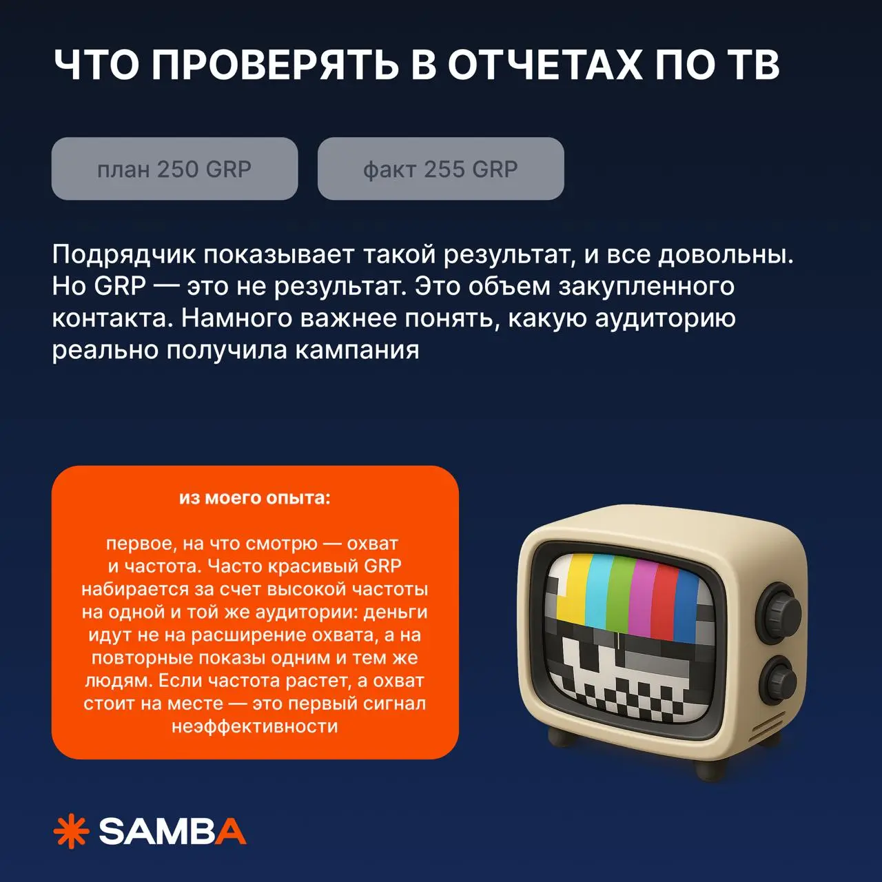🔥 Что проверять в отчетах подрядчиков по ТВ и digital
Одна из самых дорогих ошибок в маркетинге — смотреть на те цифры, которые показывает подрядчик, а не на те, которые влияют на бизнес
Любой отчет м... | Сетка — социальная сеть от hh.ru