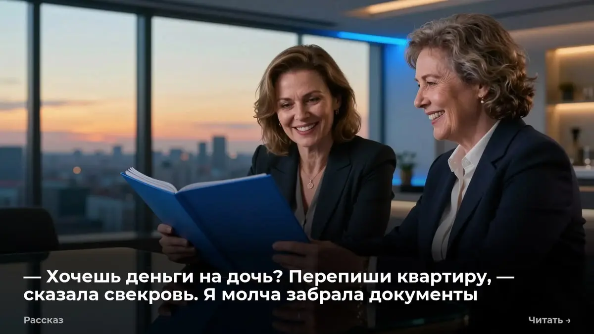 — Хочешь деньги на дочь? Перепиши квартиру, — сказала свекровь. Я молча забрала документы
Синяя пластиковая папка с медицинскими выписками скользнула по клеенке и уперлась в солонку | Сетка — социальная сеть от hh.ru