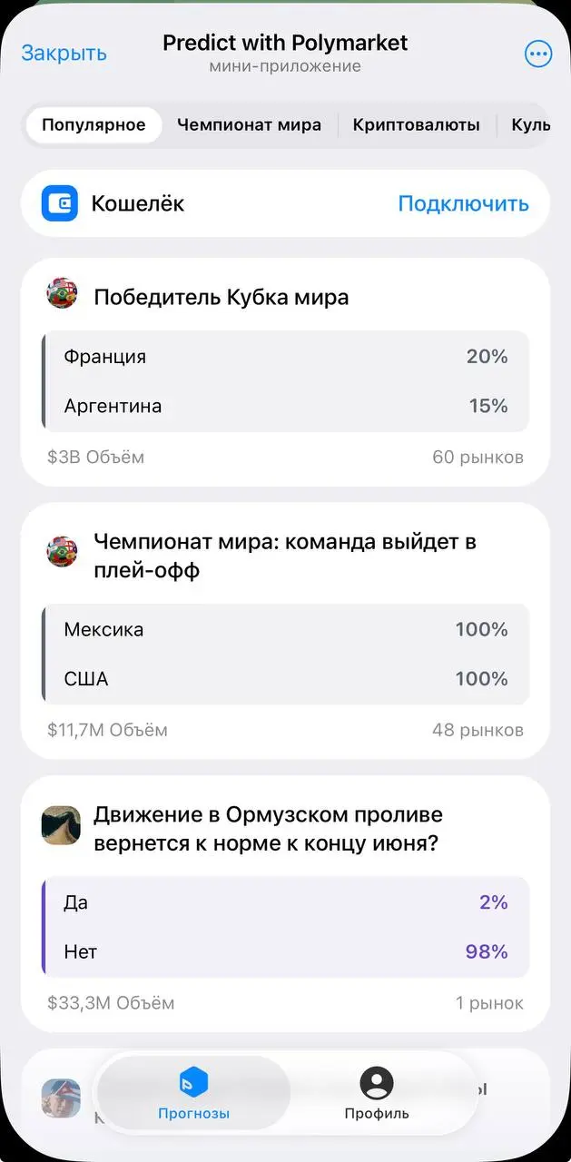 ⚽️ Polymarket теперь в Telegram
Запуск от команды Getgems.
Теперь делать прогнозы на спорт, крипту и другие события можно прямо внутри Telegram через Predict with Polymarket | Сетка — социальная сеть от hh.ru