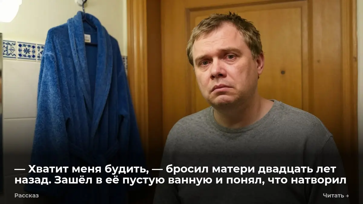 — Хватит меня будить, — бросил матери двадцать лет назад. Зашёл в её пустую ванную и понял, что натв
Я нашёл её халат на крючке за дверью ванной. Уже три недели как её нет | Сетка — социальная сеть от hh.ru