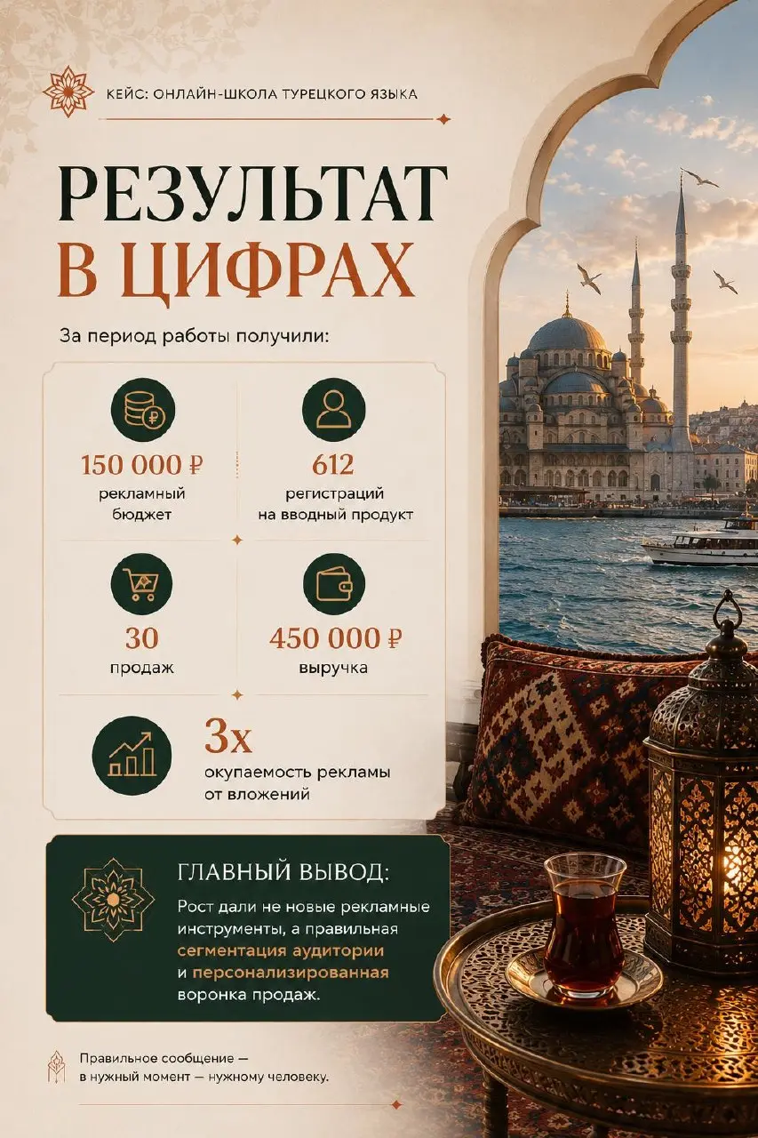 КЕЙС №5: онлайн-школа турецкого языка. Сегментация воронки.
Ниша: онлайн-обучение, иностранные языки
Канал трафика: Яндекс Директ
ГЕО: РФ + Казахстан | Сетка — социальная сеть от hh.ru