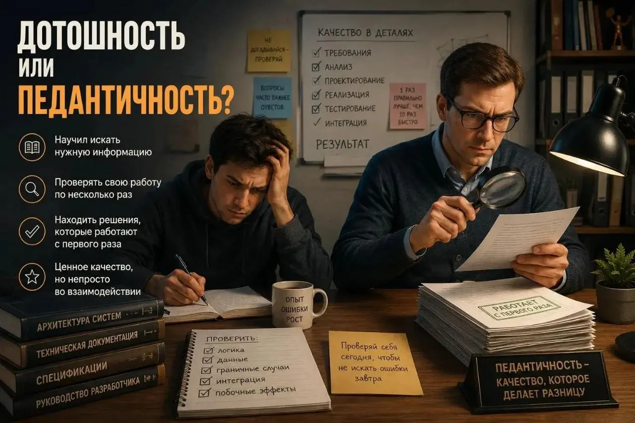 Дотошность или педантичность?
Будучи молодым «специалистом», я часто работал в паре с коллегой, который казался мне невероятно дотошным | Сетка — социальная сеть от hh.ru