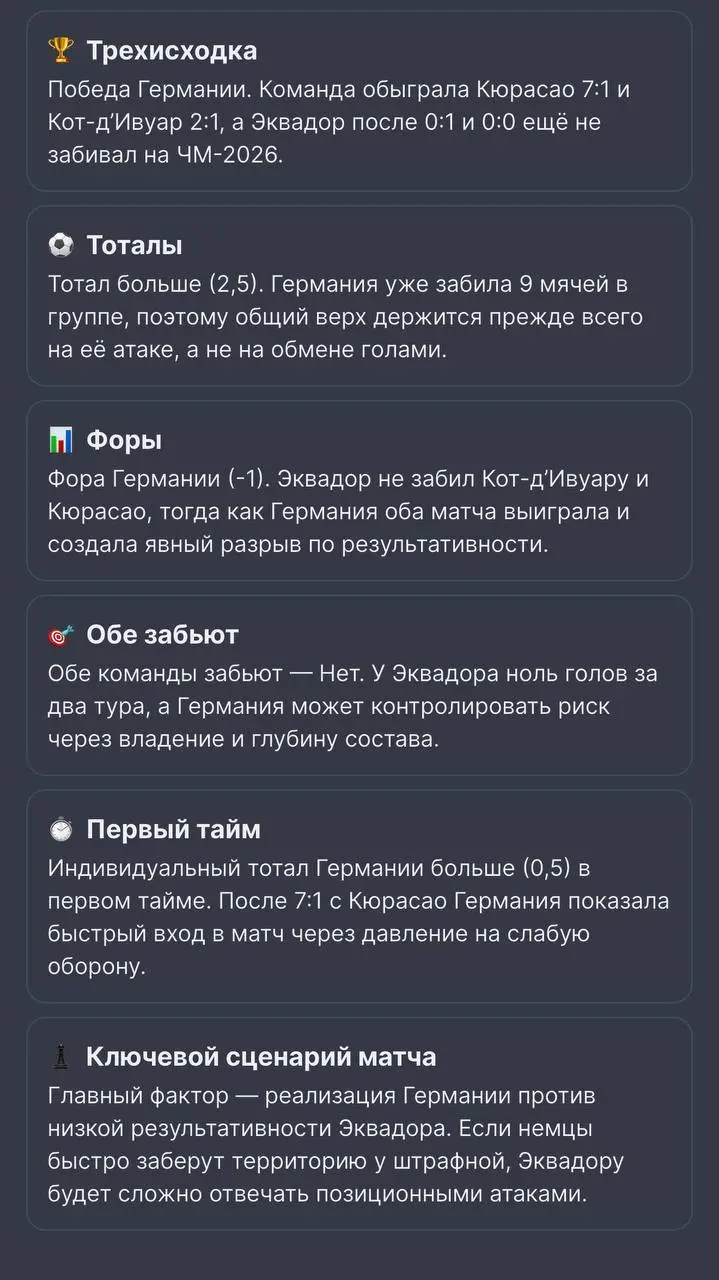 👀 Лига Ставок внедрила ИИ-разборы матчей!
БК тестила эту фичу на игры ЧМ и теперь раскатила на всех юзеров.
ИИ анализирует матчи, выдает лучшие идеи для ставок и статические тренды | Сетка — социальная сеть от hh.ru
