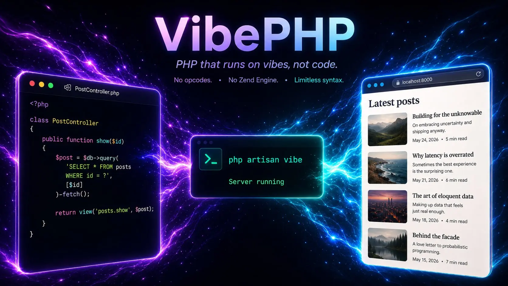 Мольбы услышаны!
VibePHP
В VibePHP нет парсера. Ваш код никогда не компилируется, он только понимается.
Запросы передаются в аишку, и возвращается хер знает что | Сетка — социальная сеть от hh.ru