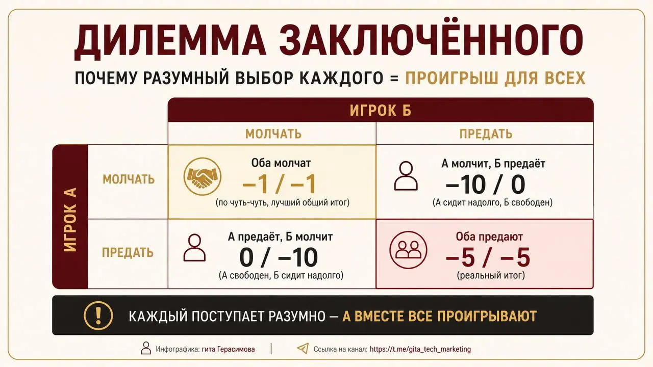 Теория игр обещает холодный расчёт 🧊. А заканчивается разговором о доверии 🤝.
Сама модель — математическая, строгая 📐. Игроки, стратегии, выигрыши | Сетка — социальная сеть от hh.ru