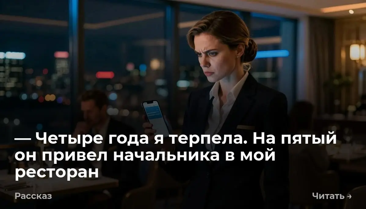 — Четыре года я терпела. На пятый он привел начальника в мой ресторан
Экран телефона засветился на кухонном столе. Я вытерла мокрые от мыльной пены руки о вафельное полотенце и потянулась к трубке | Сетка — социальная сеть от hh.ru