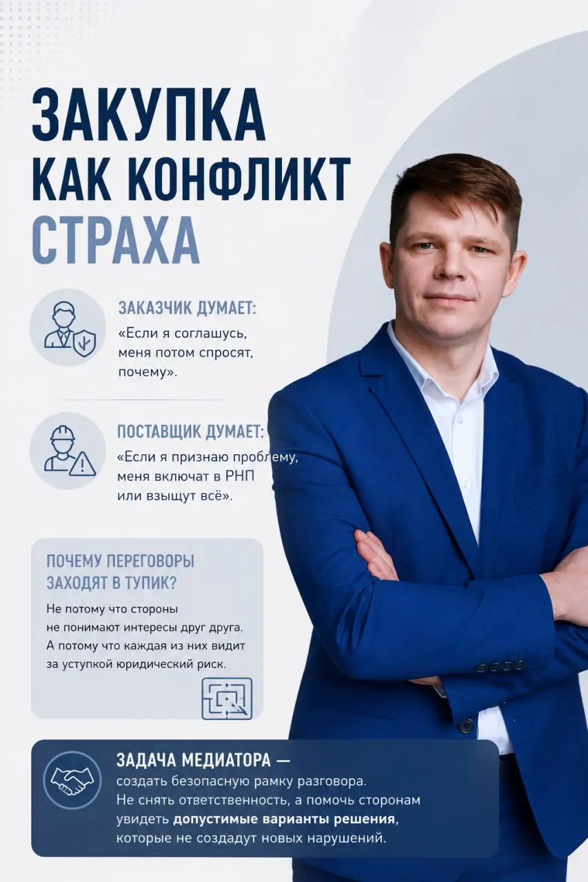 Закупка как конфликт страха
😄 В закупочных конфликтах стороны часто спорят не только друг с другом.
Они спорят со своим страхом.
🇷🇺 Заказчик думает:
“Если я соглашусь, меня потом спросят, почему” | Сетка — социальная сеть от hh.ru