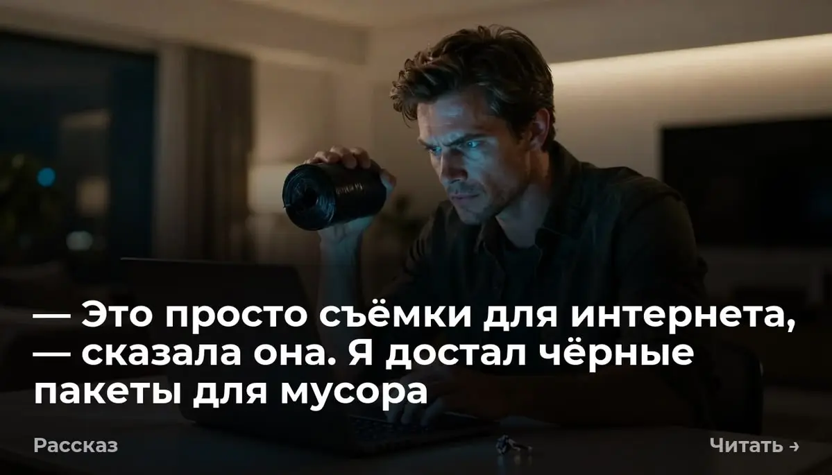 — Это просто съёмки для интернета, — сказала она. Я достал чёрные пакеты для мусора
Я нажал пробел. Экран старенького макбука замер на четырнадцатой минуте и сорока двух секундах | Сетка — социальная сеть от hh.ru