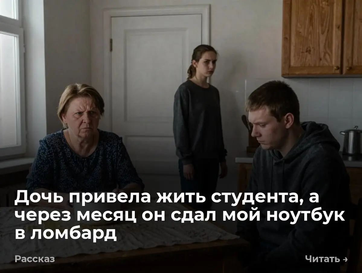 Дочь привела жить студента, а через месяц он сдал мой ноутбук в ломбард
— Мам, мы с Максимом решили жить вместе. Даша стояла у косяка. Сложила руки на груди. Смотрела с вызовом. Взрослая | Сетка — социальная сеть от hh.ru