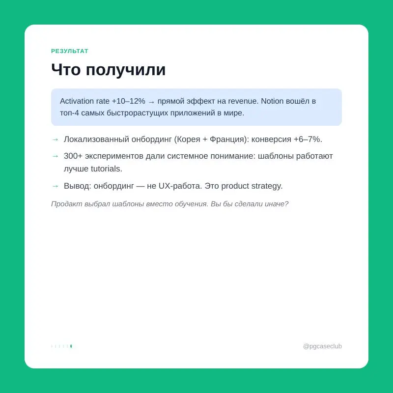 Notion, ~35% activation: 65% новых пользователей уходили, не создав ни одного документа. 300+ экспериментов изменили это — и вошли в историю PLG.
Вот как это решили | Сетка — социальная сеть от hh.ru