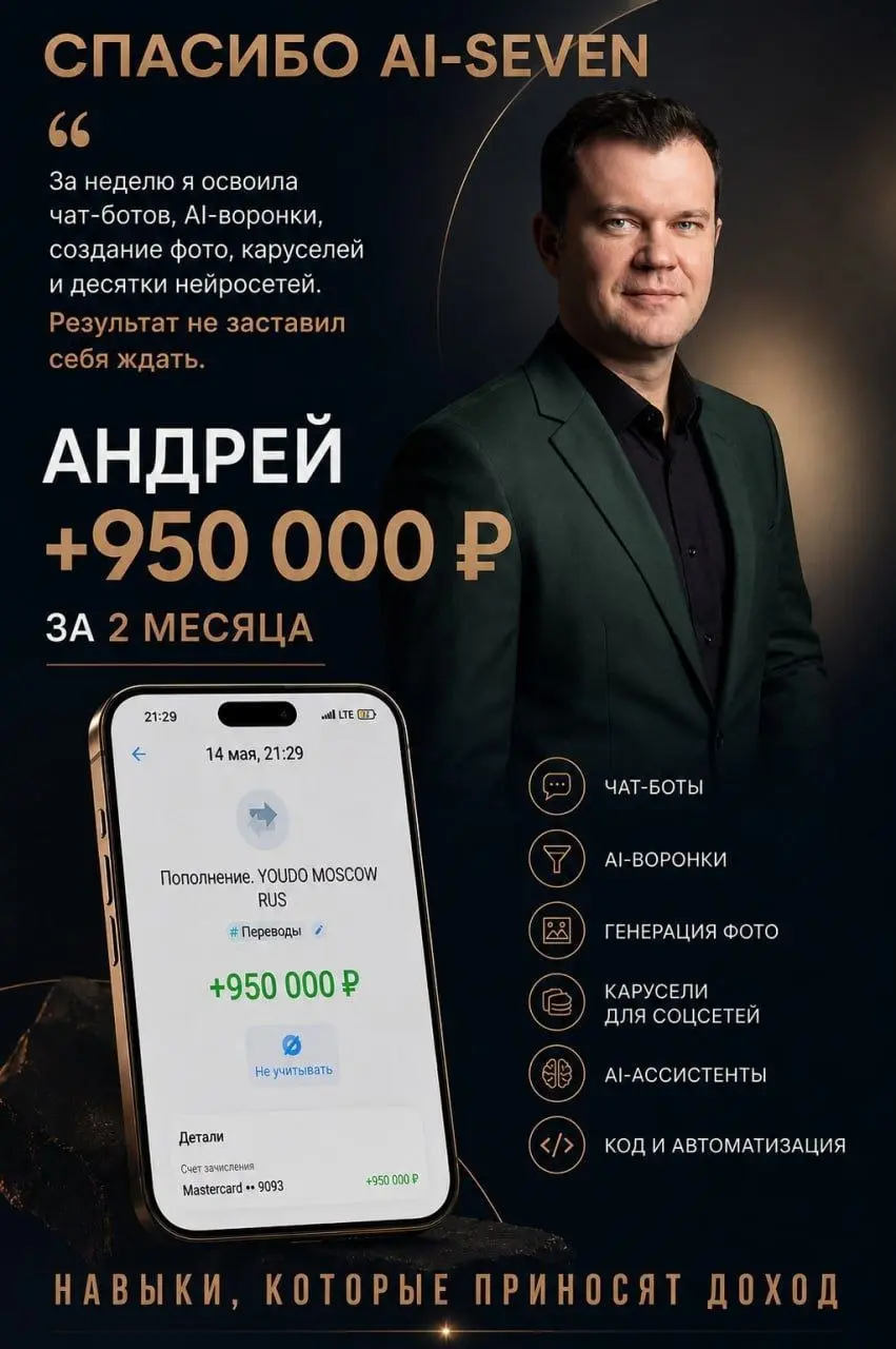 💸 Как зарабатывать сотни тысяч и 🍋 на нейросетях, НЕ создавая свой продукт?
Вы можете забирать до 50% от оплат крутого готового продукта – нейро-экосистемы Ai-Seven | Сетка — социальная сеть от hh.ru