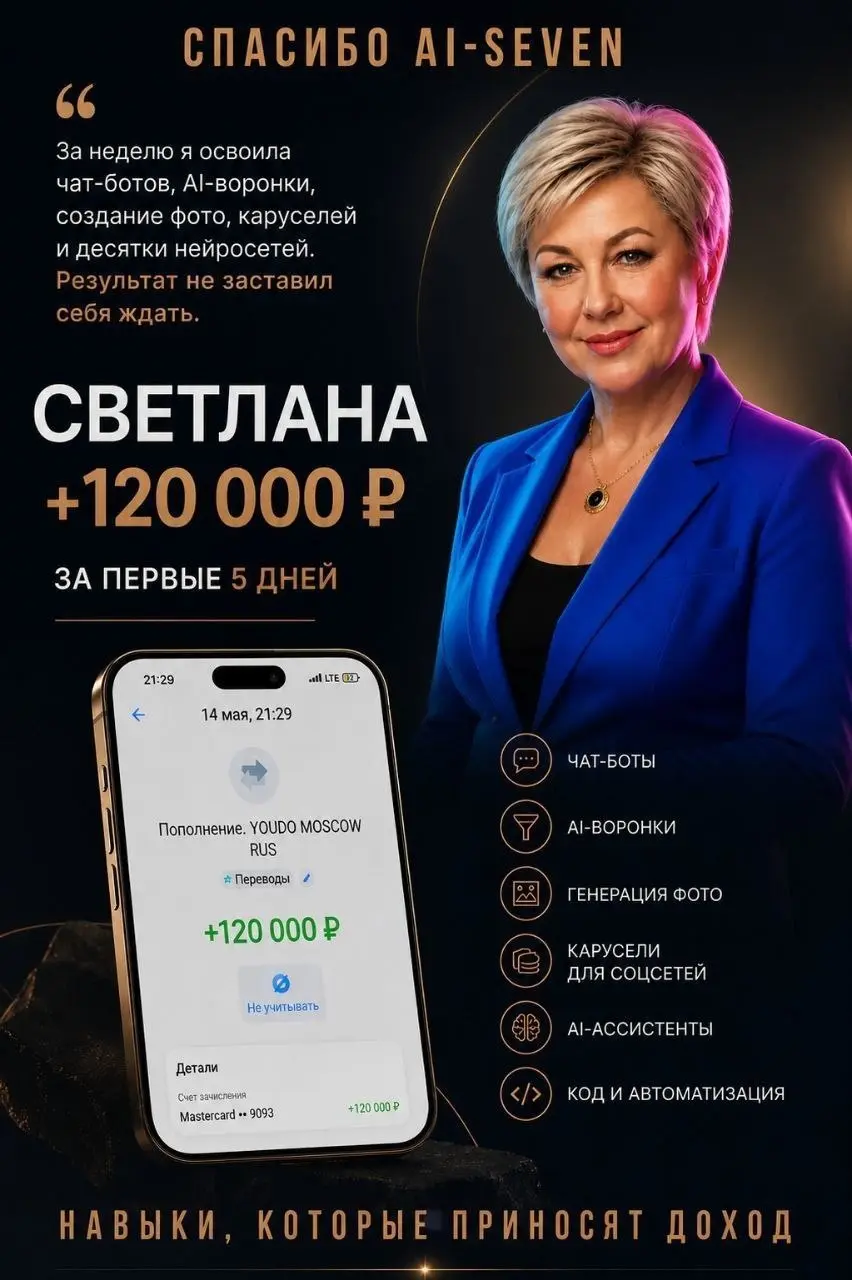 💸 Как зарабатывать сотни тысяч и 🍋 на нейросетях, НЕ создавая свой продукт?
Вы можете забирать до 50% от оплат крутого готового продукта – нейро-экосистемы Ai-Seven | Сетка — социальная сеть от hh.ru