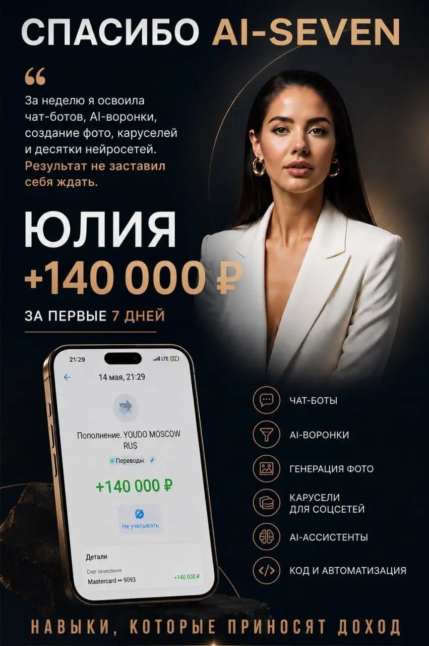 💸 Как зарабатывать сотни тысяч и 🍋 на нейросетях, НЕ создавая свой продукт?
Вы можете забирать до 50% от оплат крутого готового продукта – нейро-экосистемы Ai-Seven | Сетка — социальная сеть от hh.ru