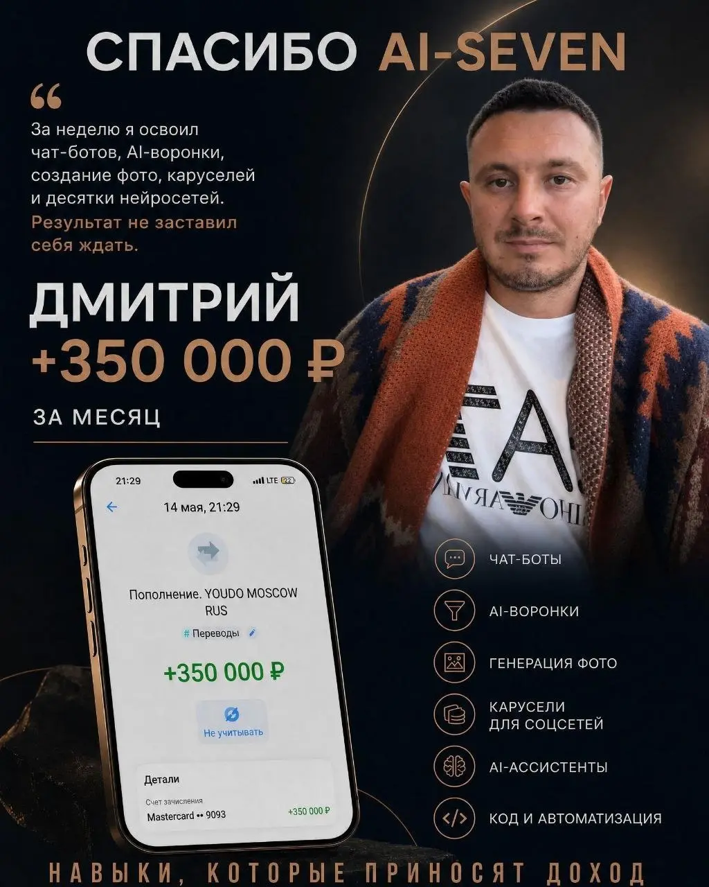 💸 Как зарабатывать сотни тысяч и 🍋 на нейросетях, НЕ создавая свой продукт?
Вы можете забирать до 50% от оплат крутого готового продукта – нейро-экосистемы Ai-Seven | Сетка — социальная сеть от hh.ru