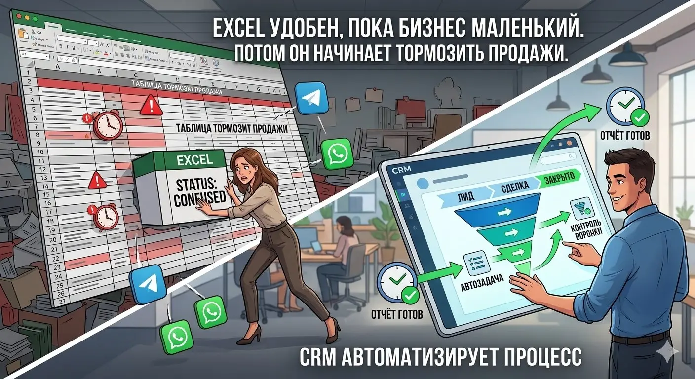 Excel удобен, пока бизнес маленький. Потом он начинает тормозить продажи
Таблица кажется простым решением: быстро добавить клиента, статус, сумму, комментарий | Сетка — социальная сеть от hh.ru