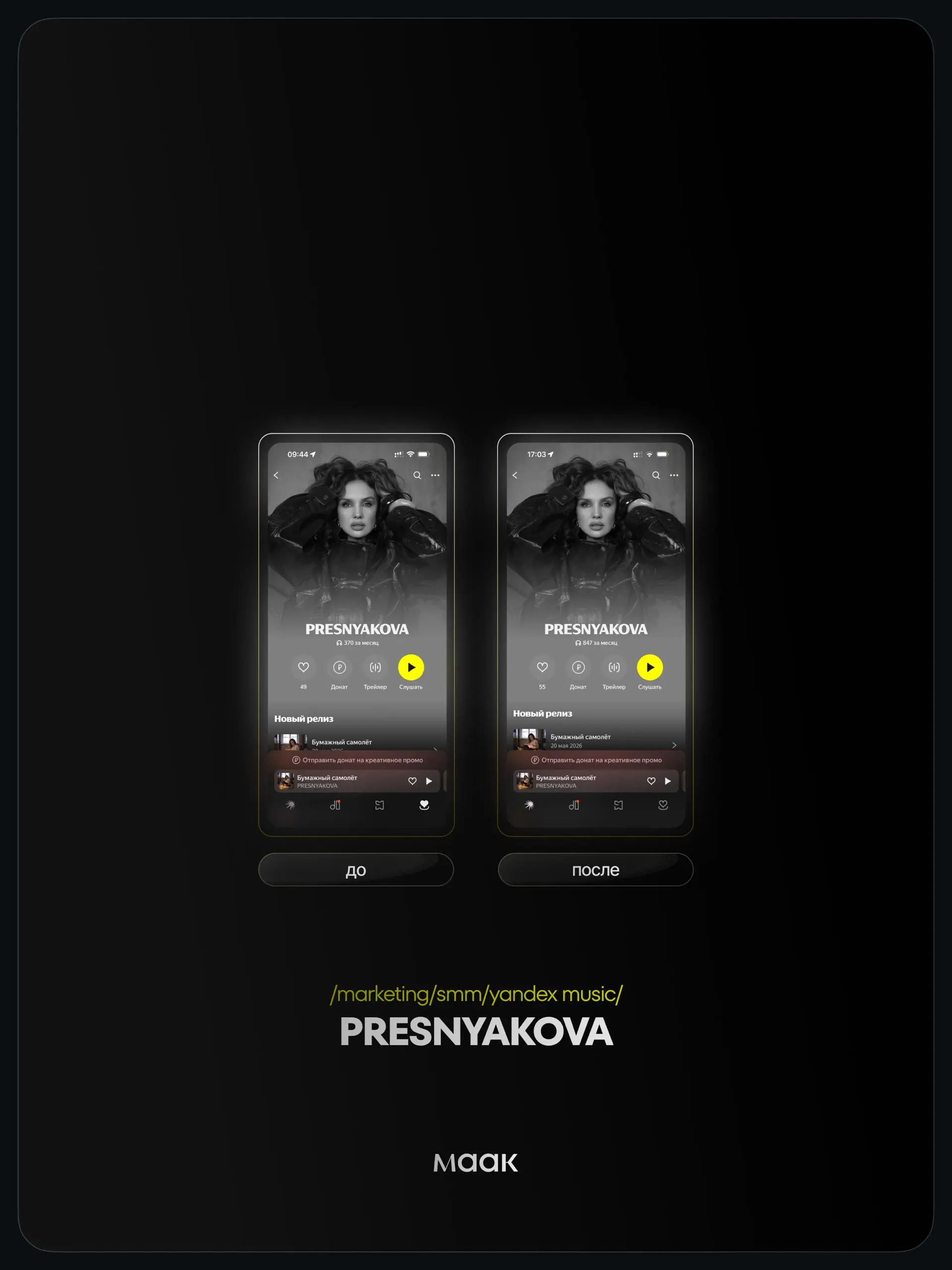 📱 #case — Продвижение в Яндекс Музыке
❤️ Для кого?
PRESNYAKOVA
🔼 Что было сделано?
Комплексное продвижение трека с целью увеличения прослушиваний и вовлеченности
⭐️ Продвижение в Яндекс Музыке — это р... | Сетка — социальная сеть от hh.ru