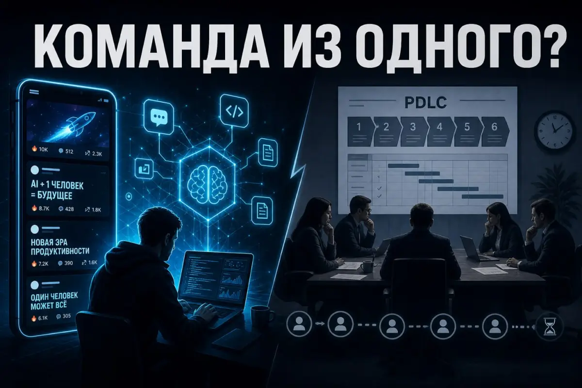 🔥 «Команда из одного человека»
Фраза, которую я вижу в каждом втором тренде в ленте.
Cursor, агенты, MVP за выходные. Лайки — огонь. Комментарии: «вот будущее продакта» | Сетка — социальная сеть от hh.ru
