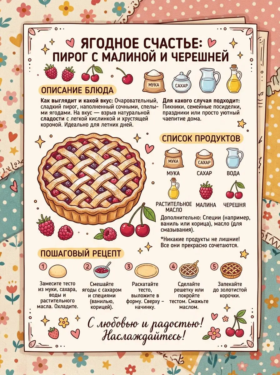 📖 Есть один формат, который неожиданно оказался очень уютным и полезным.
Берёшь продукты.
Например:
🍒 мука, сахар, вода, масло, малина, черешня | Сетка — социальная сеть от hh.ru