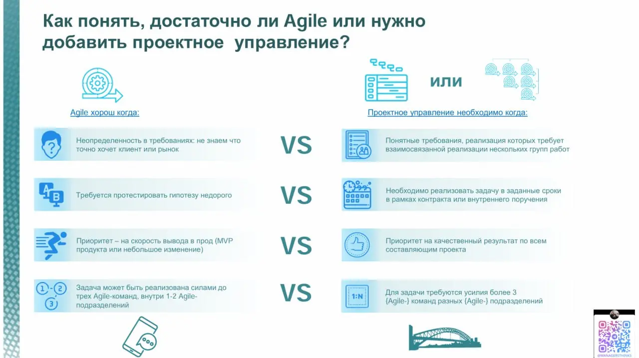 Когда для управления задачей достаточно Agile и когда стоит добавить проектное управление
В ходе своей пятничной презентации на Project Management Forum кратко (в силу ограниченного времени доклада) з... | Сетка — социальная сеть от hh.ru