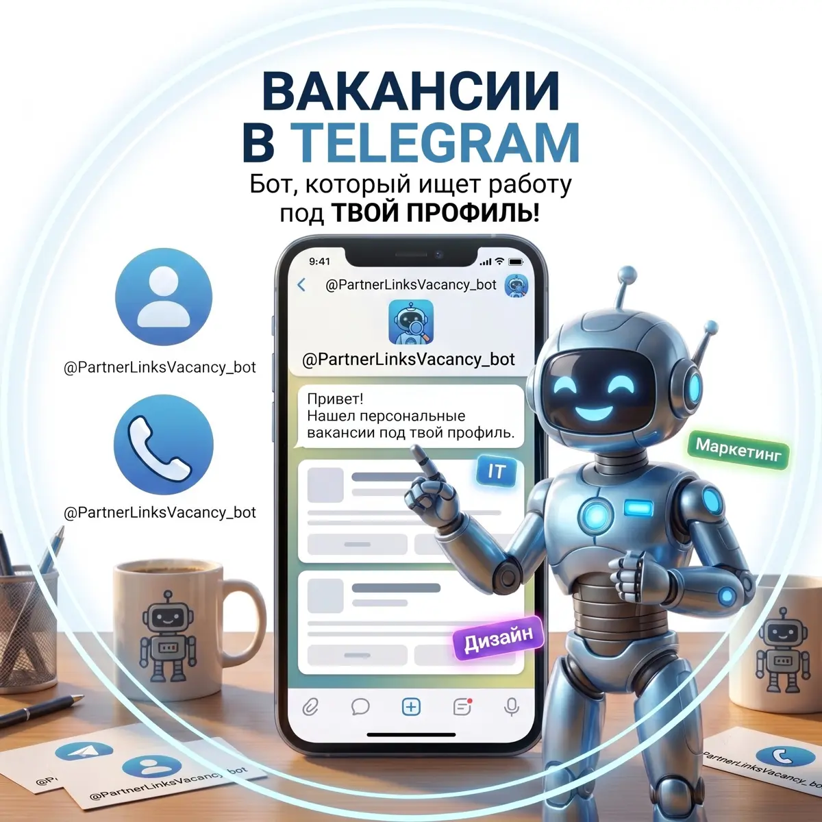 Как работает бот?
@PartnerLinksVacancy\bot собирает всю информацию, которая публикуется на >120 телеграм-каналах.
Все эти каналы посвящены поиску работы. На каждом ежедневно публикуются вакансии | Сетка — социальная сеть от hh.ru