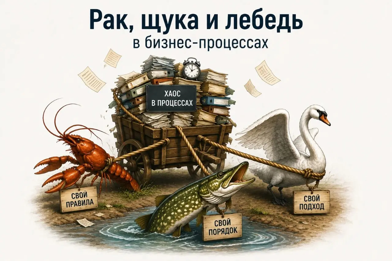 🦞 Рак, щука и лебедь в бизнес-процессах
Помните басню Крылова? Каждый тянет воз в свою сторону - и в итоге он не едет.
В бизнесе происходит то же самое.
❌ Отчёты готовятся по несколько дней | Сетка — социальная сеть от hh.ru