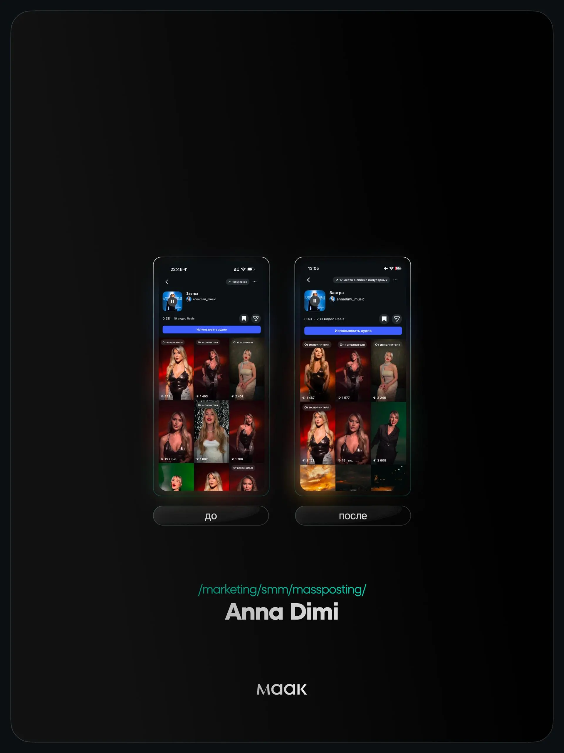 ⚡️#case — Продвижение звука (массовый постинг)
❤️ Для кого?
Anna Dimi
🔼 Что было сделано?
Массовое размещение видео-контента под официальный звук
⭐️ Массовый постинг — это продвижение трека через боль... | Сетка — социальная сеть от hh.ru