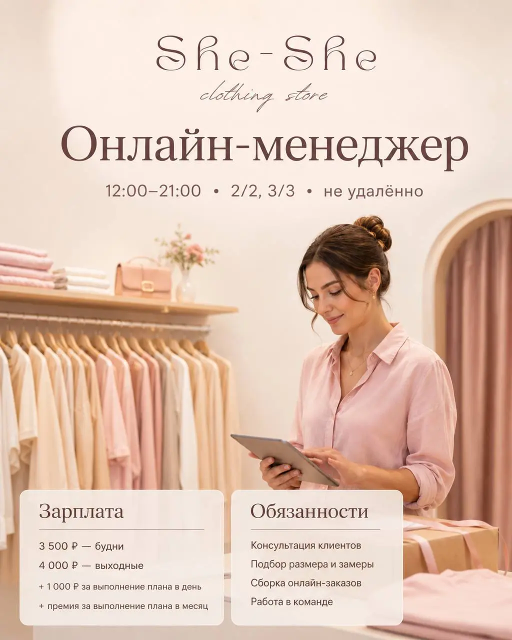 ОНЛАЙН-МЕНЕДЖЕР
She - She
• Москва, Нововладыкинский проезд 1к1
• Розничная торговля
• +79268514681
Полное описание вакансии размещено в Телеграм и Макс. Переходите по ссылке в закрепленном сообщении | Сетка — социальная сеть от hh.ru