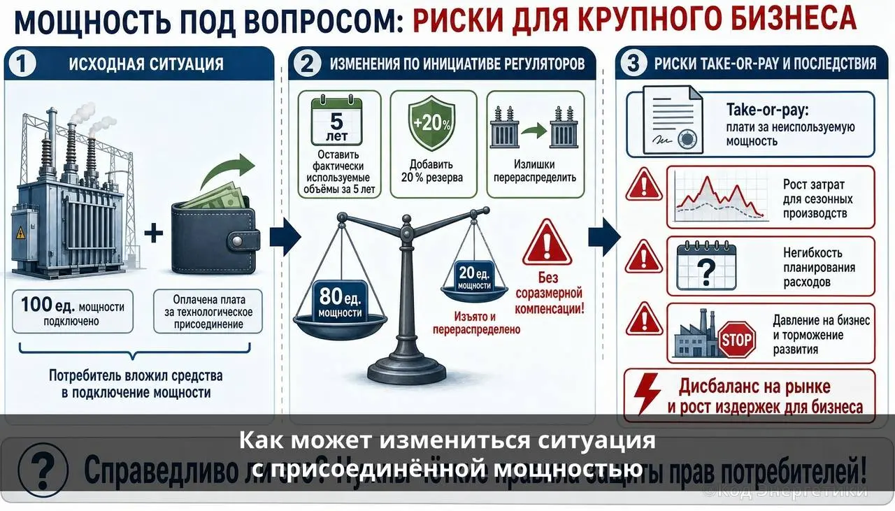 Как может измениться ситуация с присоединённой мощностью
Принудительный пересмотр мощности и take‑or‑pay: риски для крупных потребителей
Представьте ситуацию: вы оплатили подключение мощности, вложили... | Сетка — социальная сеть от hh.ru