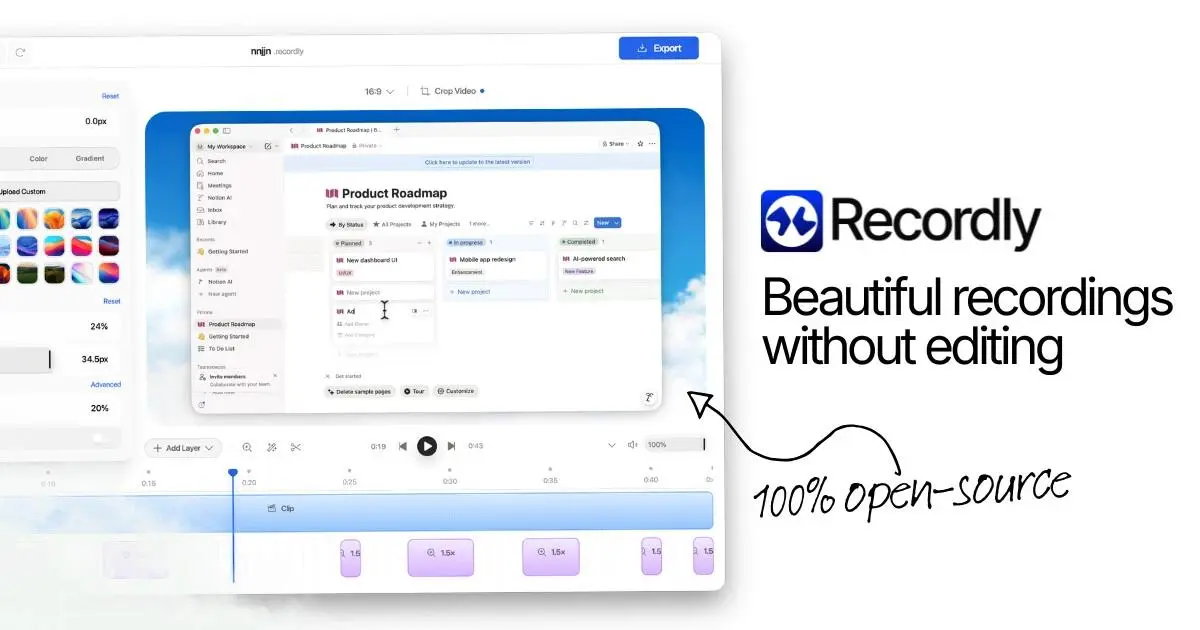 Recordly. Бесплатный опенсорсный рекордер экрана для Mac с автозумом на курсор, плавной анимацией указателя и таймлайн-редактором. Отличная замена платным аналогам по подписке | Сетка — социальная сеть от hh.ru