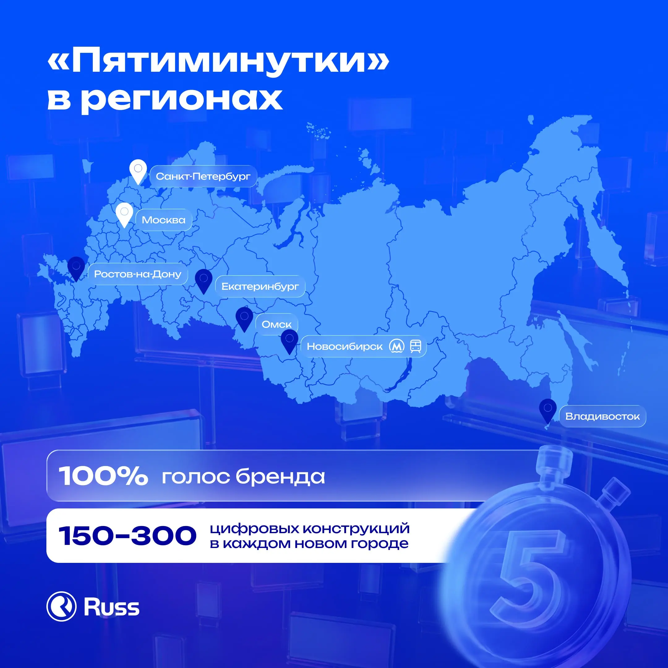 «Пятиминутки» вышли в регионы: пять новых городов
Группа Russ запустила имиджевый продукт «Пятиминутки» на цифровом рекламном инвентаре в регионах России | Сетка — социальная сеть от hh.ru