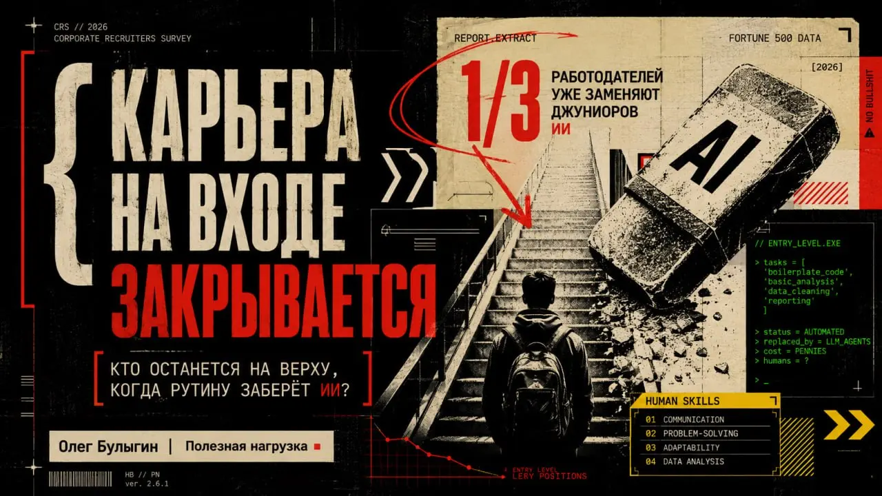 Треть джуниорских вакансий уже сожрана ИИ 📉
Вышло интересное исследование Corporate Recruiters Survey 2026 от GMAC | Сетка — социальная сеть от hh.ru
