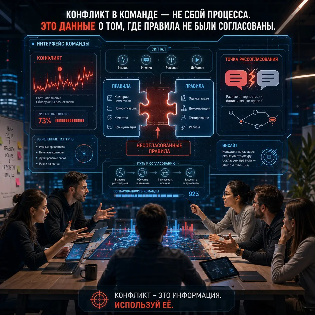 Конфликт в команде - это не сбой процесса. Это данные о том, где вы забыли согласовать правила.
В поиске работы каждый день публикую по одной мысли про управление проектами | Сетка — социальная сеть от hh.ru