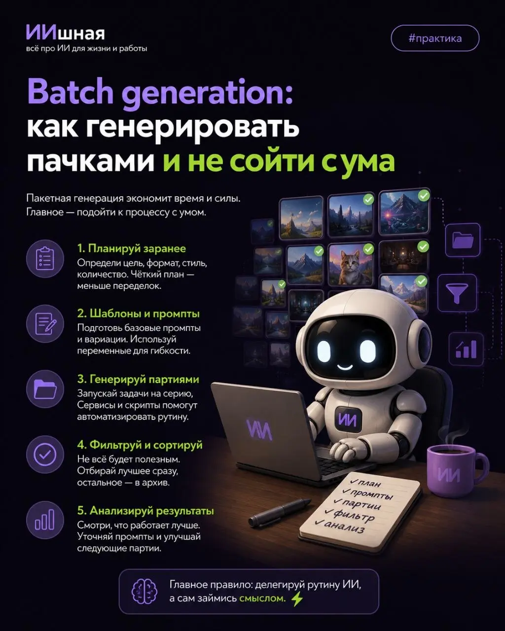 Batch generation: как генерировать пачками и не сойти с ума 🤯
Когда нужно создать десятки картинок, текстов или вариантов дизайна, главное — не запускать всё хаотично | Сетка — социальная сеть от hh.ru