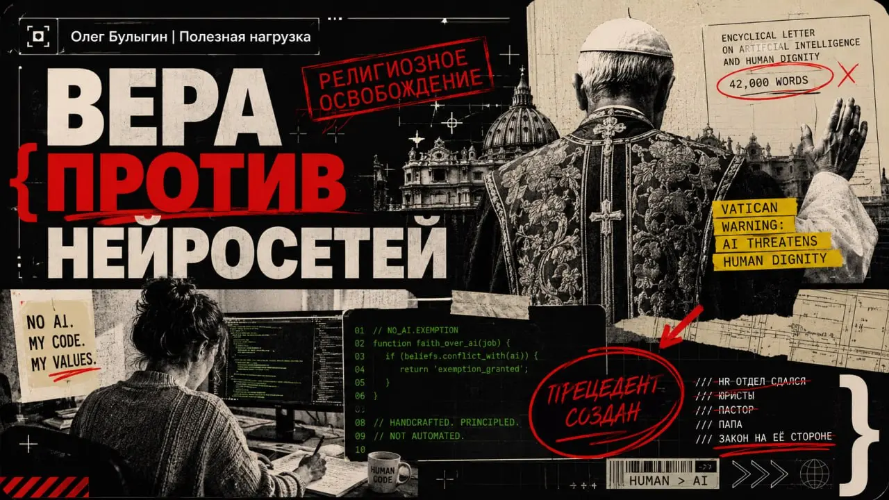 ИИ оскорбляет чувства верующих 🛐
Дожили. Американская разработчица выбила себе "религиозное освобождение" от использования нейросетей на работе.
Она пишет код в крупной медиа-компании | Сетка — социальная сеть от hh.ru