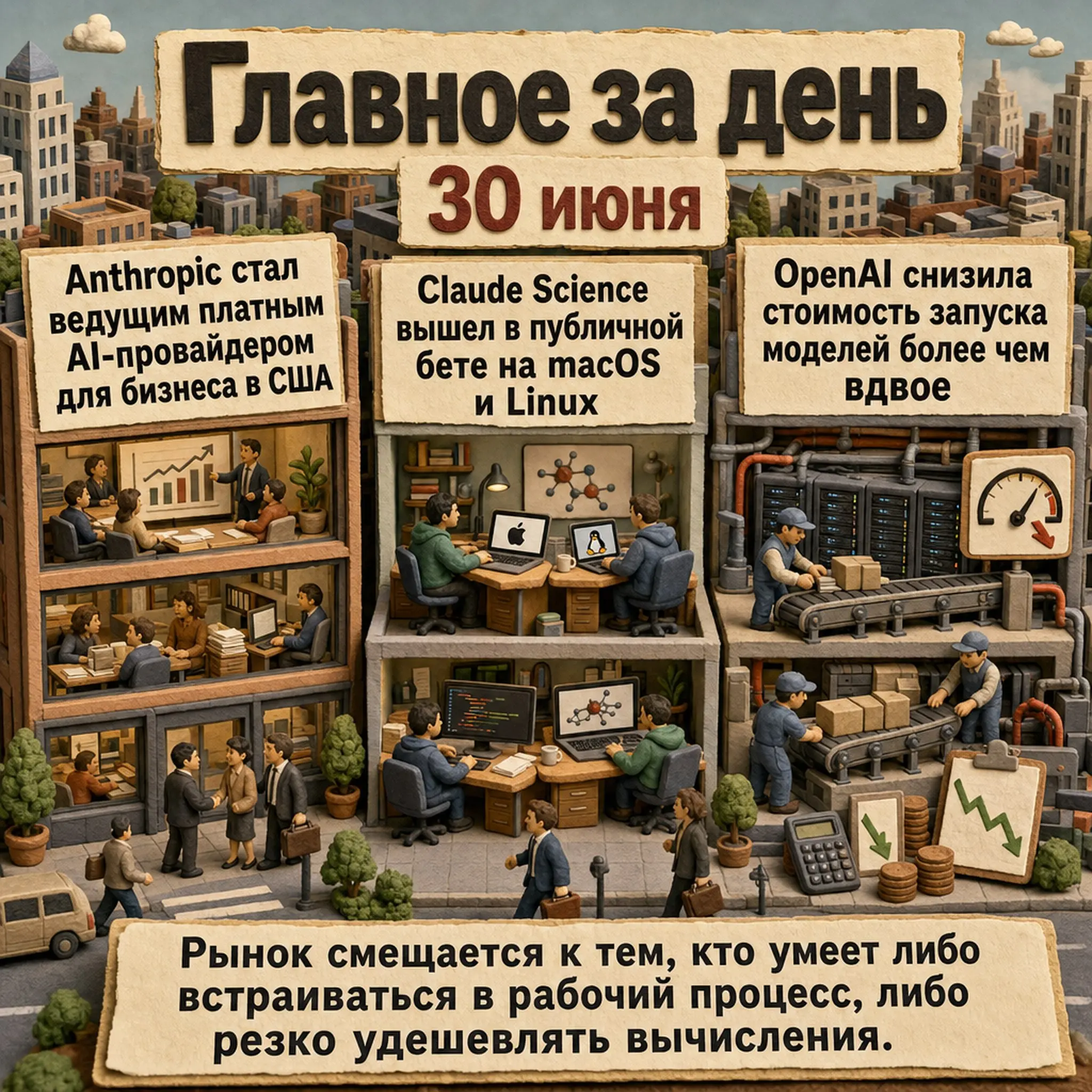 Главное за день: Anthropic и OpenAI снова упираются в стоимость и рабочие процессы
В дайджесте: Anthropic стал ведущим платным AI-провайдером для бизнеса в США; Anthropic выпустила Claude Science — ра... | Сетка — социальная сеть от hh.ru